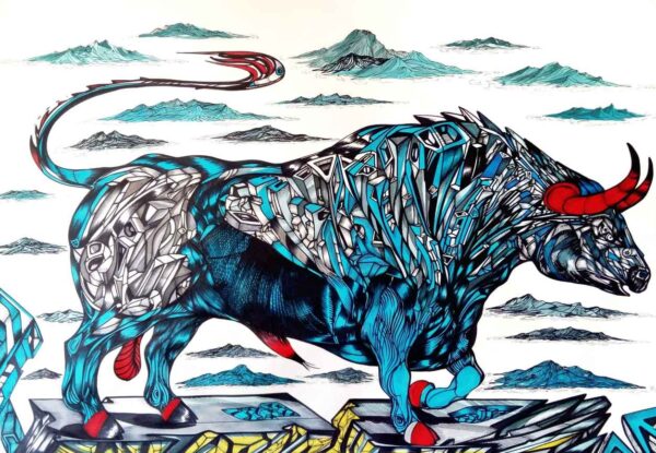 Through the cold wilderness, bull painting Blue Bull by Marko Gavrilovic