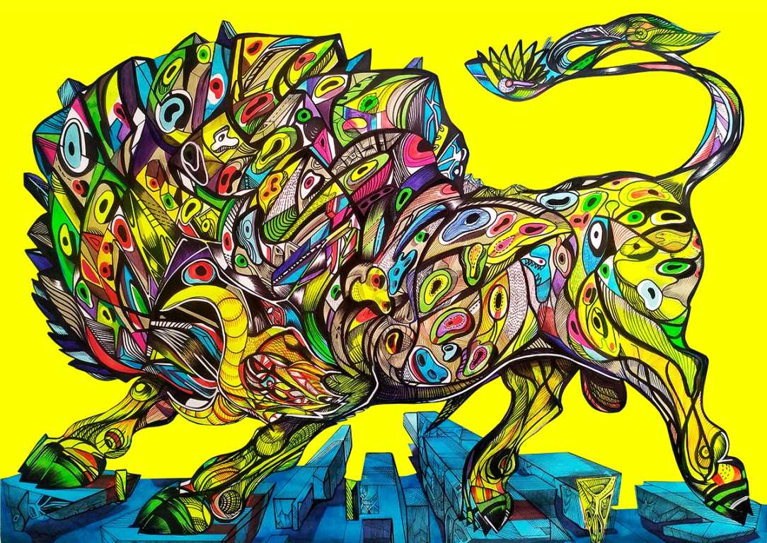 Bull painting, yellow background