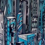 Foggy and Blue, detail 3, city painting by Marko Gav