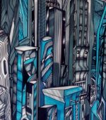 Foggy and Blue, detail 3, city painting by Marko Gav