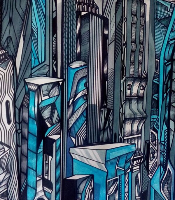 Foggy and Blue, detail 3, city painting by Marko Gavrilovic Foggy and Blue, detail 3, city painting by Marko Gav