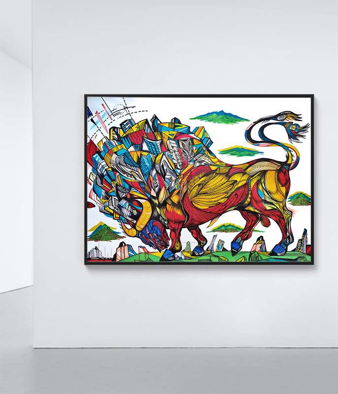 The Visitor, bull painting, giclee on canvas, interior view 1, artist Marko Gavrilovic