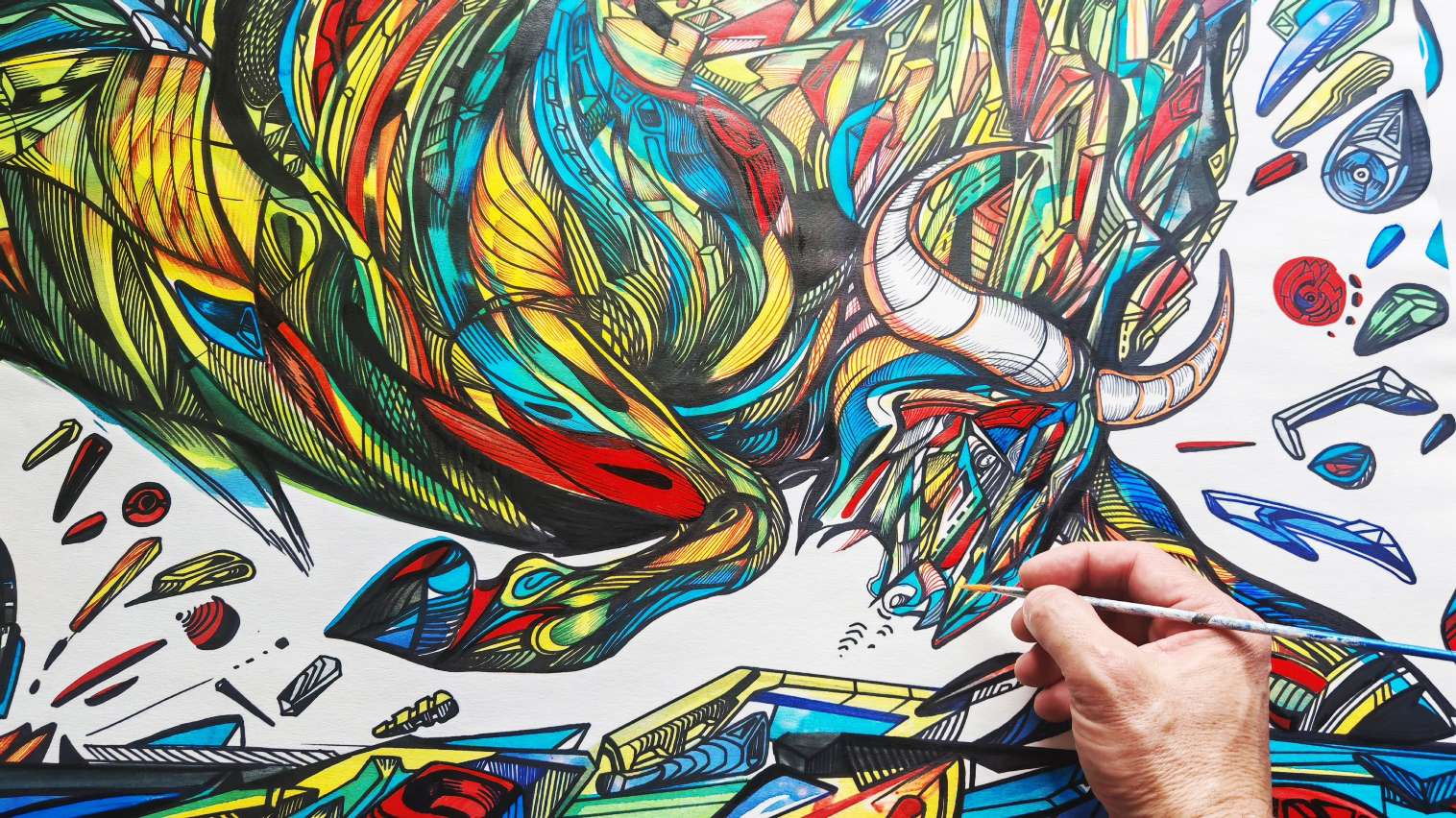 Bull painting in progress, art by M. Gavrilovic