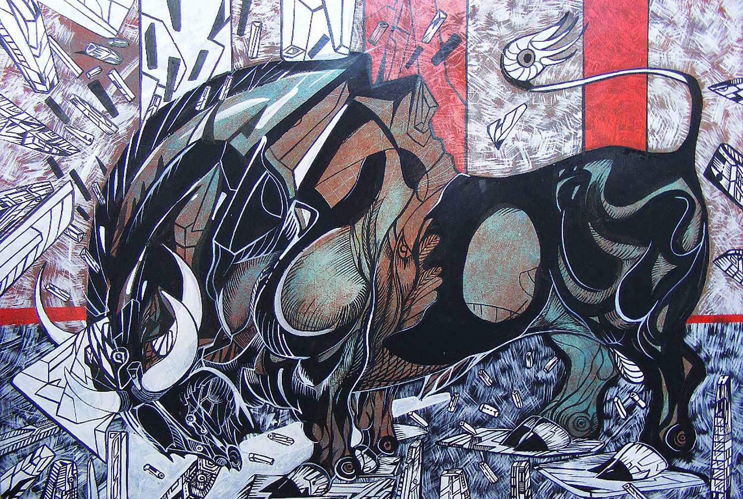 Samurai bull, acrylic on board by M. Gavrilovic, bull painting